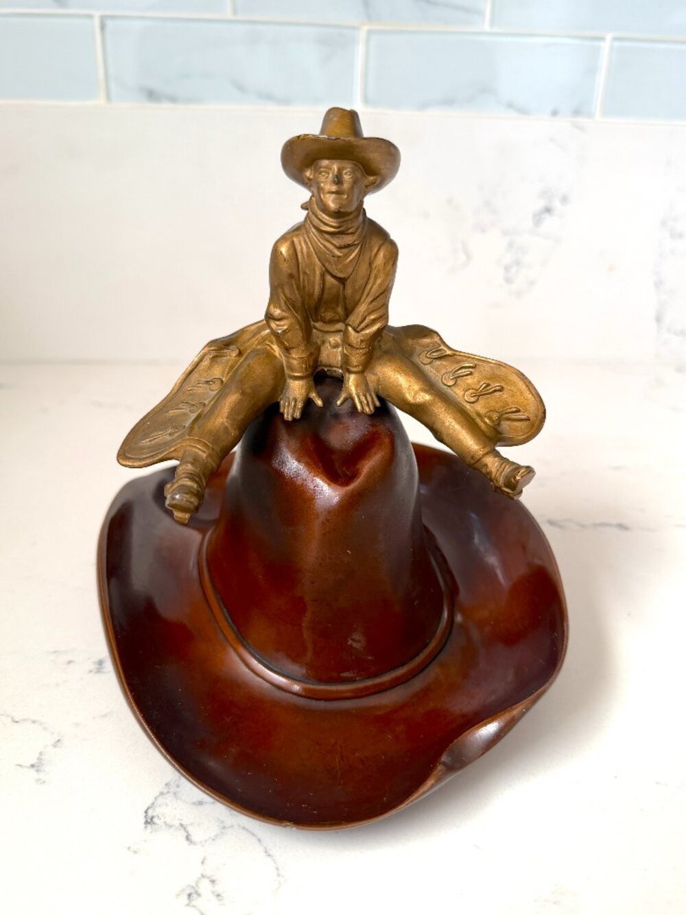 Vintage Cowboy Riding Cowboy Hat Heavy Cast Metal Western Ashtray